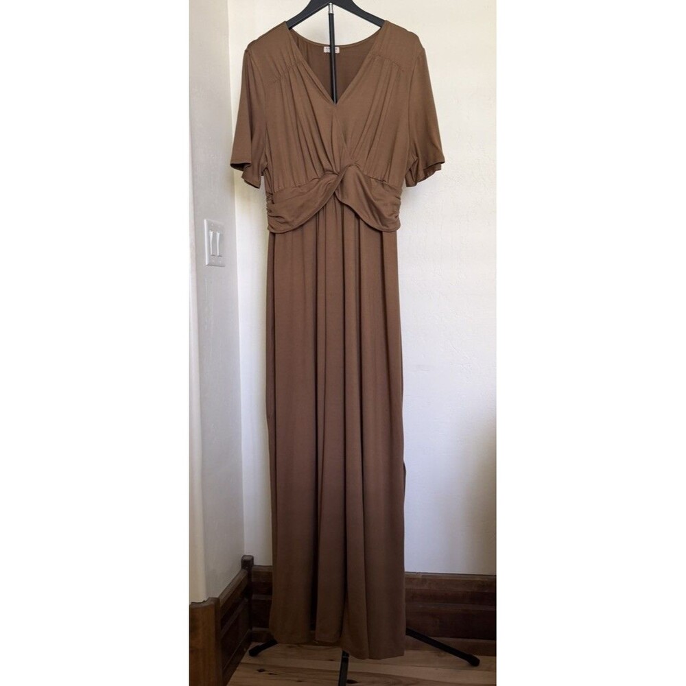 Kiyonna Long Brown Knit Maxi Dress Size 1X Plus XL Draped Waist Surplice Bodice